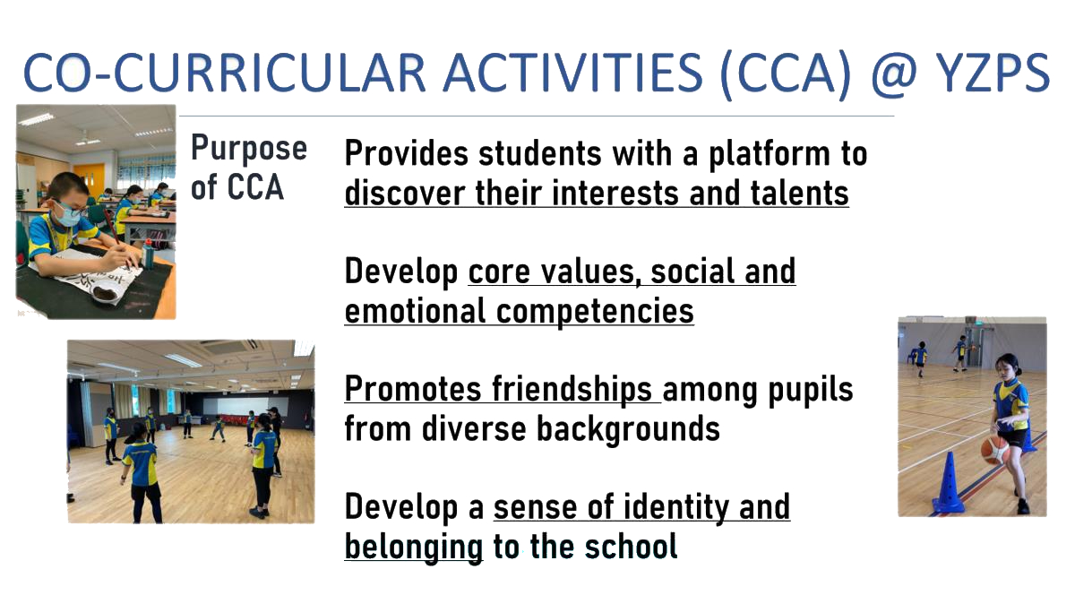 Slide titled Co-Curricular Activities at YZPS listing four purposes, with photos of students doing art and basketball.